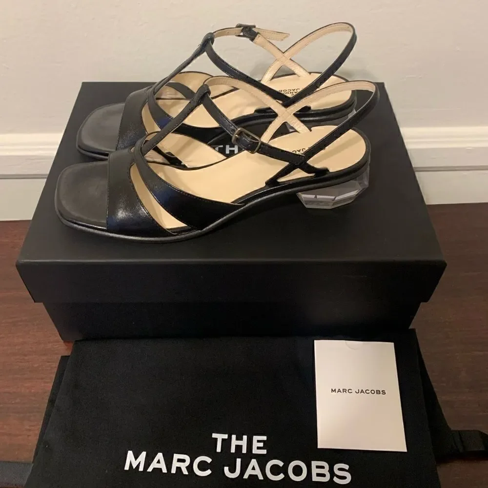 Marc Jacob Women’s heel T- stripe leather black sandal Sz  US6,5-7/ EU 37, NIB
